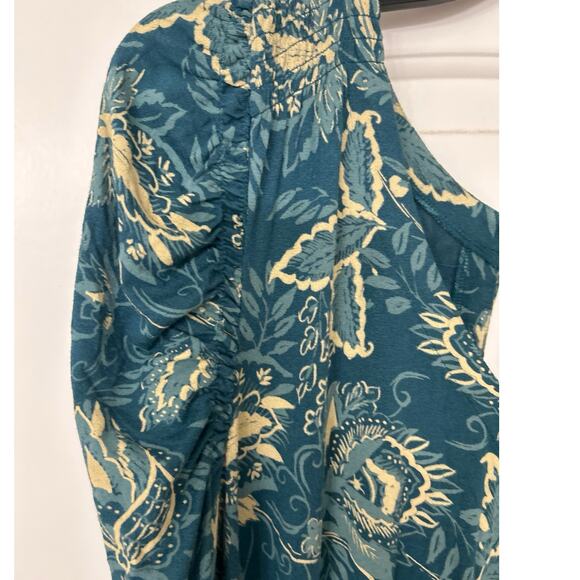 Free People Hello Lover Turquoise Floral Puff Sleeve Mini Dress Tunic Top L Boho - Picture 9 of 16